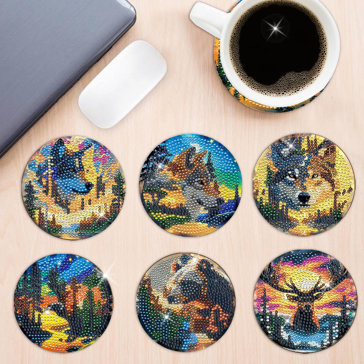 Sitsink Wolf Diamond Art Coasters - 8 Pcs DIY Wolf Eagle Deer Forest Landscape Adult Diamond Painting Coasters Kits with Holder for Adults Men Women Beginners Aniaml Lover Gift Crafts Supplies Sitsink