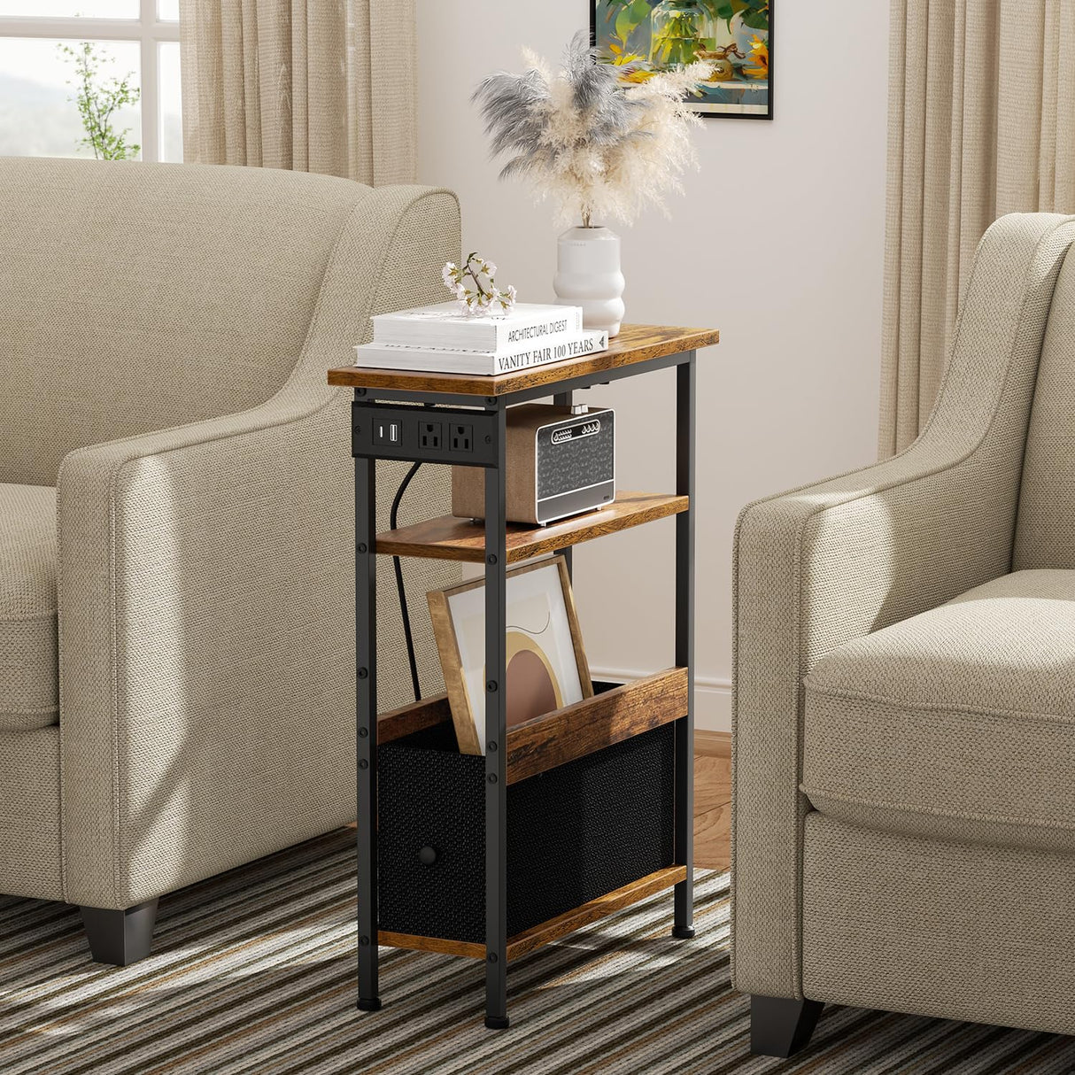 Creso hom Narrow Side Table with Charging Station and LED Light, End Table with 1 Fabric Drawer, Skinny Nightstand with USB Ports & Type-C, Slim Bedside Table for Bedroom, Living Room, Rustic Brown Creso hom