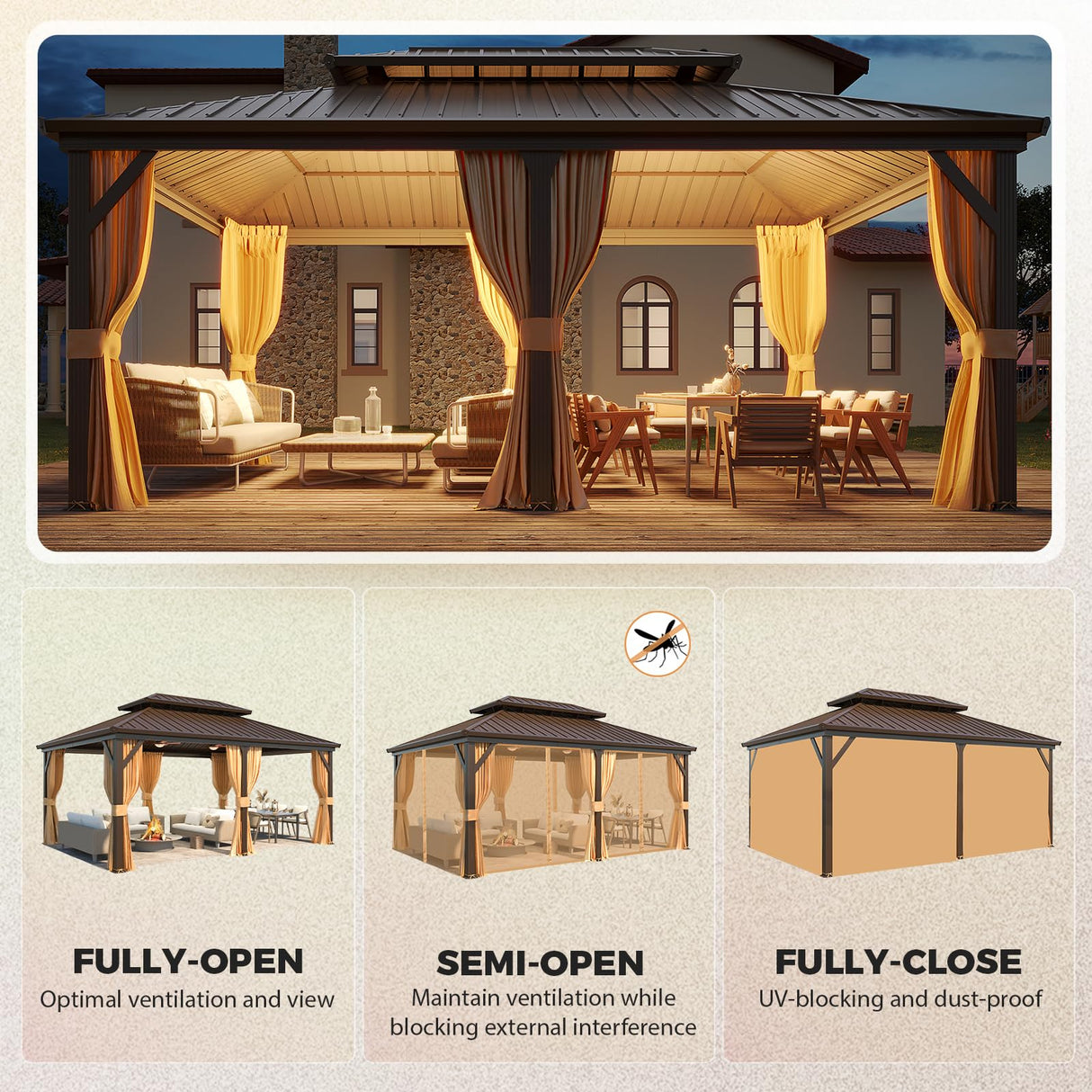 YOLENY 12' x 18' Hardtop Gazebo, Metal Gazebo with Aluminum Frame, Double Galvanized Steel Roof, Curtains and Netting Included, Metal Gazebos Pergolas for Patios, Garden, Parties, Lawns YOLENY