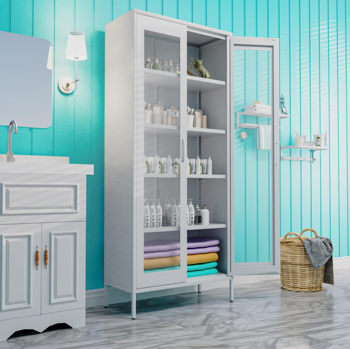 QINPTWUT 73" Industrial Storage Pantry, Kitchen Storage Cabinet with Mesh Door, 4 Adjustable Shelves, Freestanding for Kitchen, Dining Room,Bedroom, Workshop, Office, Garage QINPTWUT