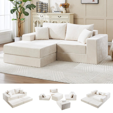 79" Boneless Cloud Loveseat Sofa Couch, Modular Foldable Floor Sofa with Ottoman, Chenille Lounge Convertible Sofa Bed for Living Room, No Assembly, Beige Hatppto