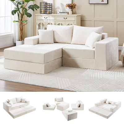 79" Boneless Cloud Loveseat Sofa Couch, Modular Foldable Floor Sofa with Ottoman, Chenille Lounge Convertible Sofa Bed for Living Room, No Assembly, Beige