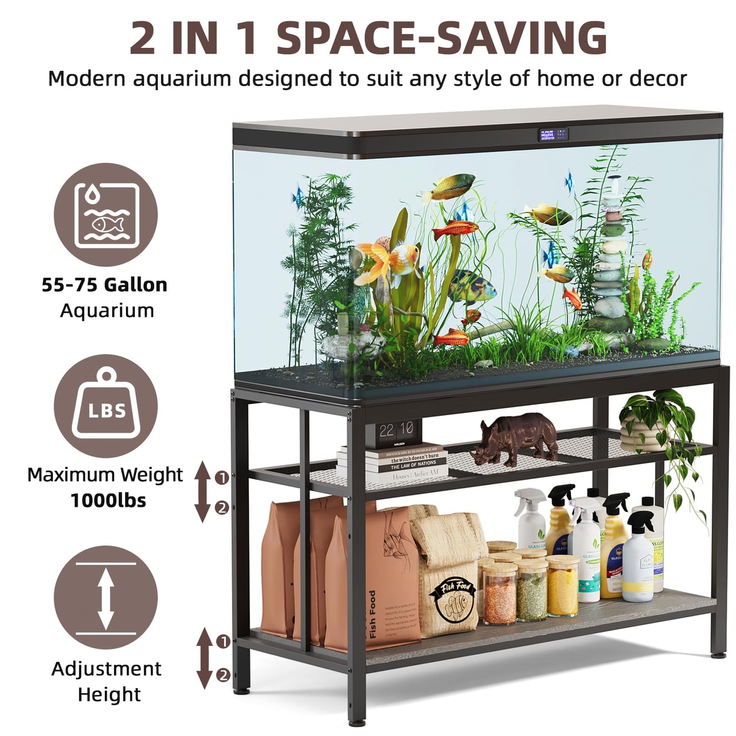 VOWNER 55-75 Gallon Fish Tank Stand - Metal Aquarium Stand, 48.4" L x 18.5" W x 29.5" H, Heavy Duty Reptile Tank Stand, Adjustable 3-Tier Fish Tank Rack Shelf for Home Office, 1000LBS Capacity, Grey