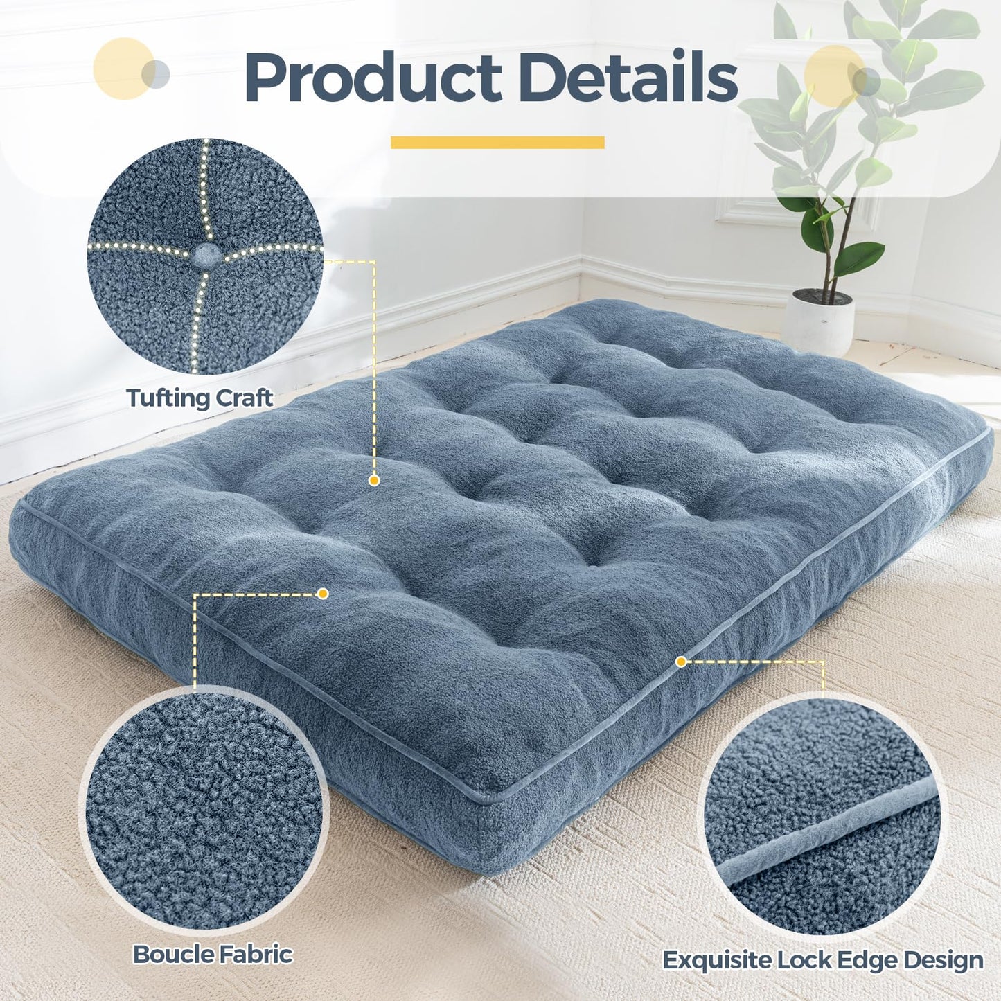 MAXYOYO 6" Futon Mattress Full Size, Thick Boucle Futons Sofa Couch Bed Sleeper Sofa Bed Floor Mattress for Adults, Shredded Foam Filling (Frame Not Included), Dustyblue