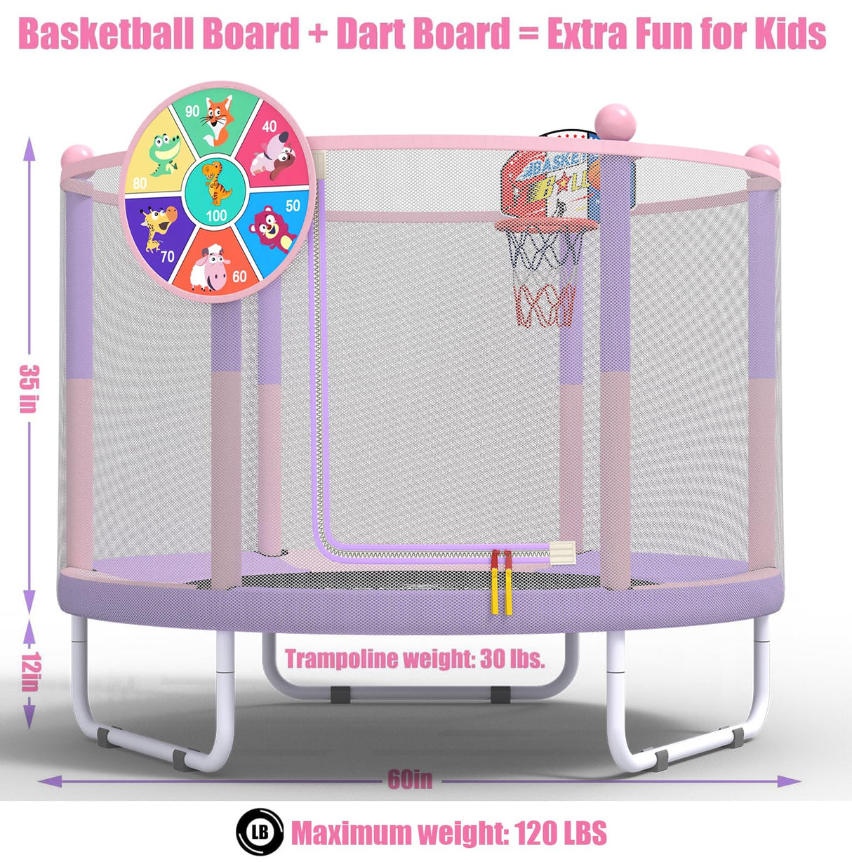 LANGXUN 60" Trampoline for Kids, 5ft Mini Toddler Indoor & Outdoor Trampoline with Net, Basketball Hoop & Dart Board, Birthday Gifts for Boys & Girls, Baby Toddler Christmas Toys (Pink & Purple) LANGXUN