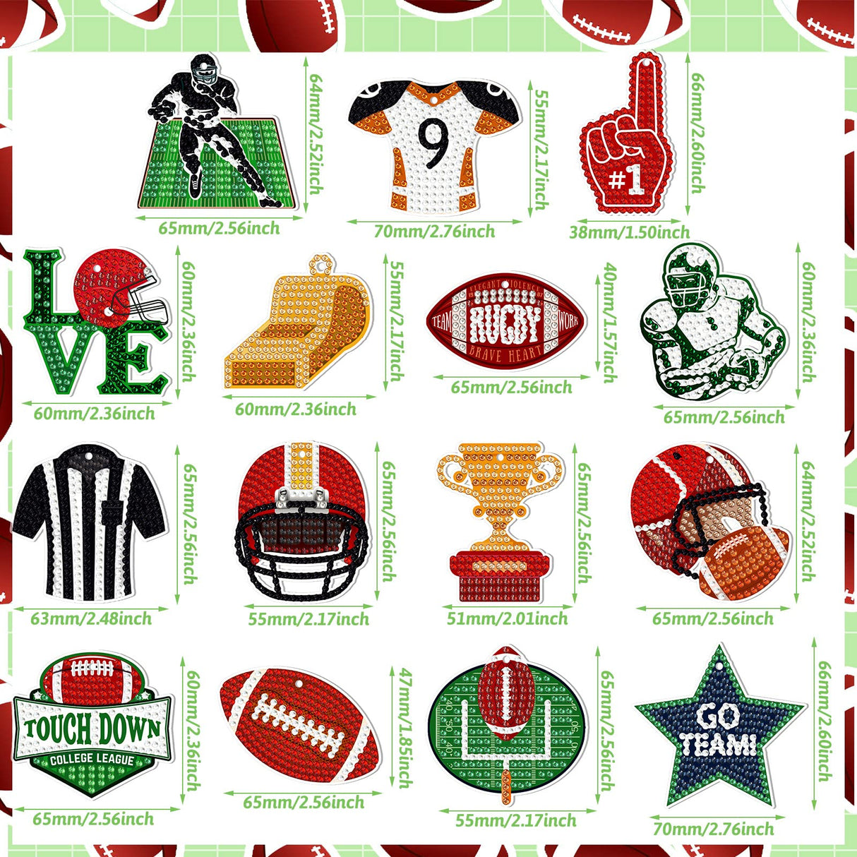 Yinkin 15 Pcs Football Diamond Art Keychains 5d Diamond Painting Keychain Football Party Decoration DIY Ornaments Pendant Kits for Adult Yinkin