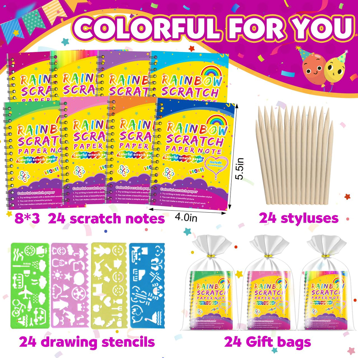 Party Favors for Kids 4-8-12: 24 Pack Scratch Rainbow Art Crafts Notebook, Coloring Book Goodie Bags Stuffers Kit, Bulk Birthday Gift Classroom Prizes Girl Boy Toddler Pigipigi Kids
