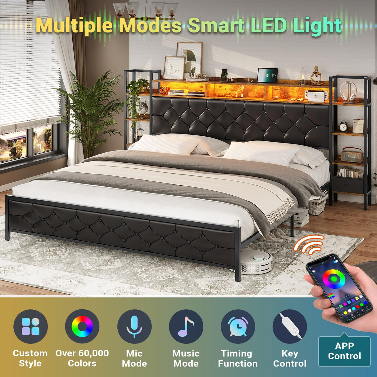 Hasuit King Size Farmhouse Bed Frame with LED Lights, Charging Station, and Bookcase Headboard Hasuit
