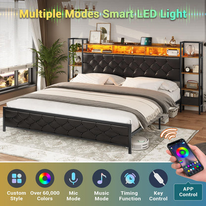 Hasuit King Size Farmhouse Bed Frame with LED Lights, Charging Station, and Bookcase Headboard - WoodArtSupply