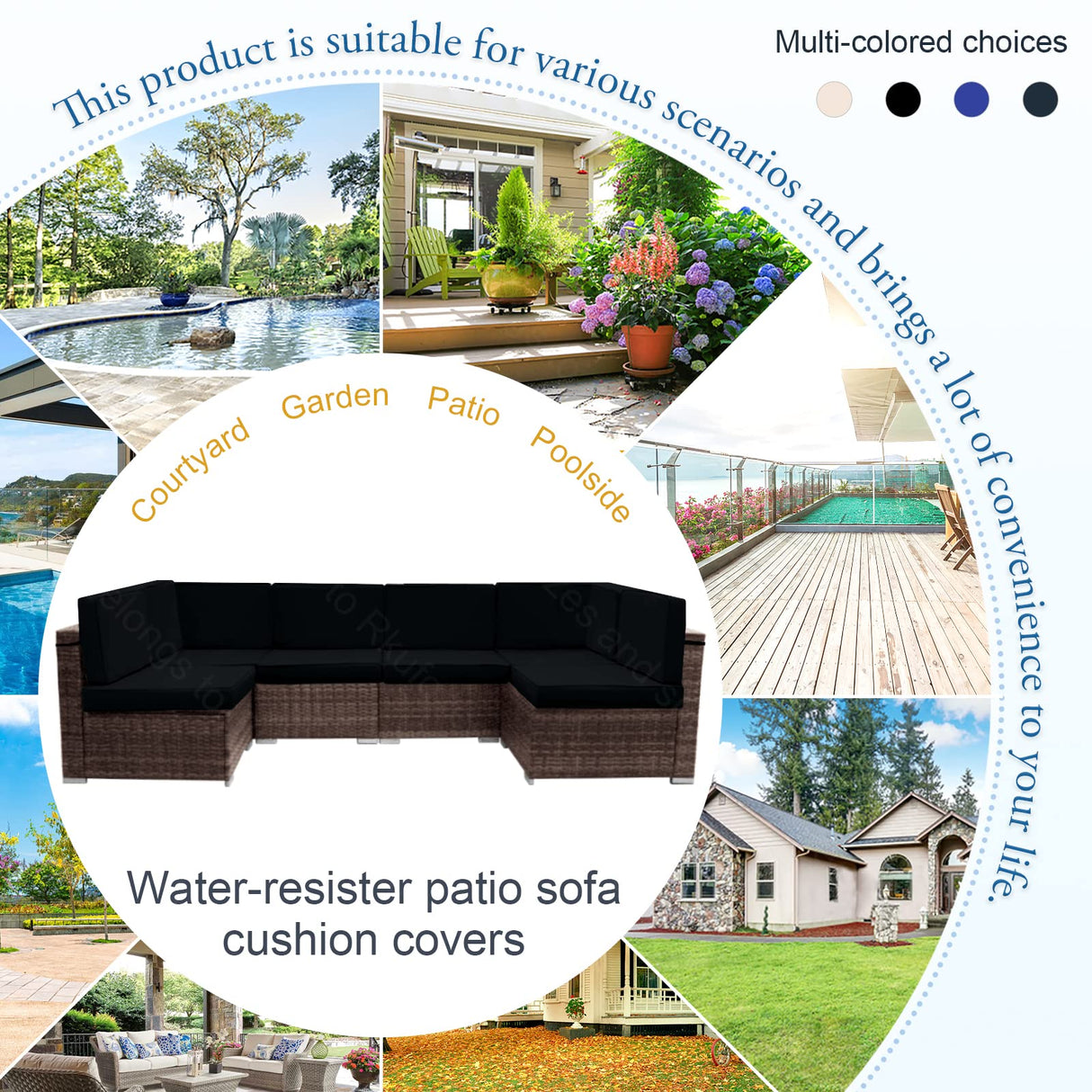 Rkufoze 14 PCs Patio Cushion Covers for 7 PCs Outdoor Furniture Sectional Seating Sets Water Resistant Plus 2 Throw Pillows (Black, 24.8(L)*24.8(W)*3.14(T) inches) Rkufoze