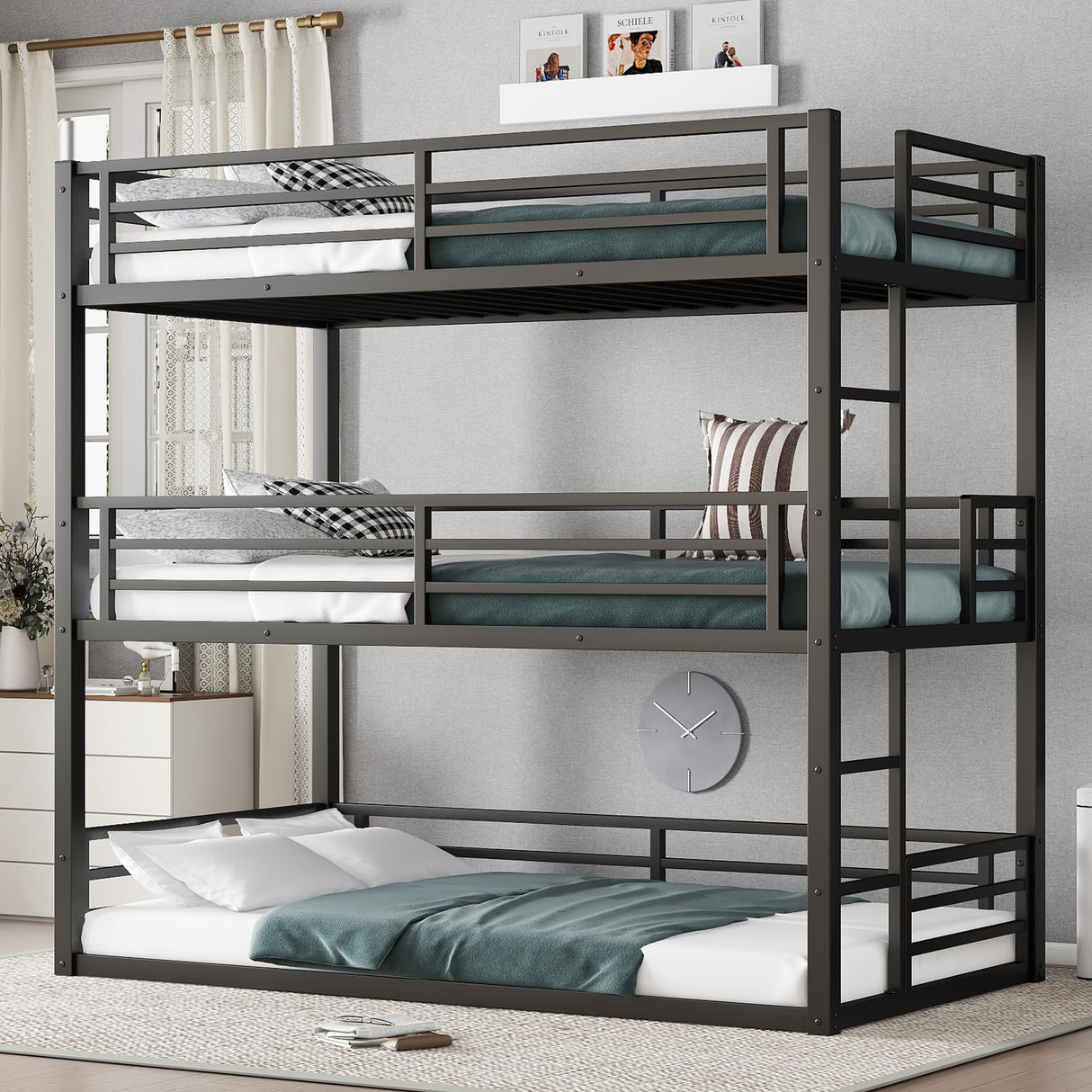 Bunk Beds, Metal Bunk Bed, Triple Bunk Bed for Kids,Teens, Adults, Girls, Boys, Detachable BunkBed Can Be Divided into 3 Twin Beds,No Box Spring Need (Black) Anwick