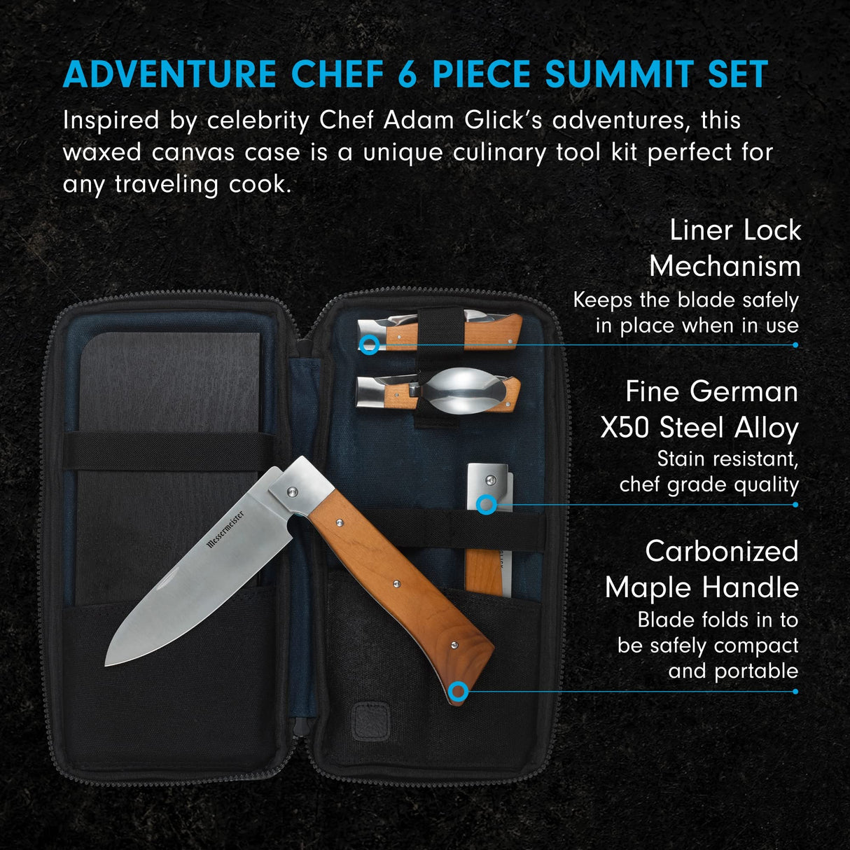 Messermeister Adventure Chef Summit Set, Carbonized Maple - Folding 6” Chef’s Knife, 6” Fillet Knife, Folding Steak Knife, Fork & Spoon, Folding Peeler & Parer, TPE Cutting Board + Waxed Canvas Case Messermeister