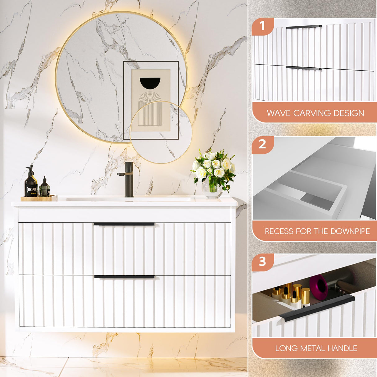 Buytime 30" Bathroom Vanity with Sink, Floating Vanity Bathroom Sink Cabinet Wall Mount, Soft-Close Function 2 Large Drawers, Grooved Stripe Design, Hidden Damping Drawers, White Buytime