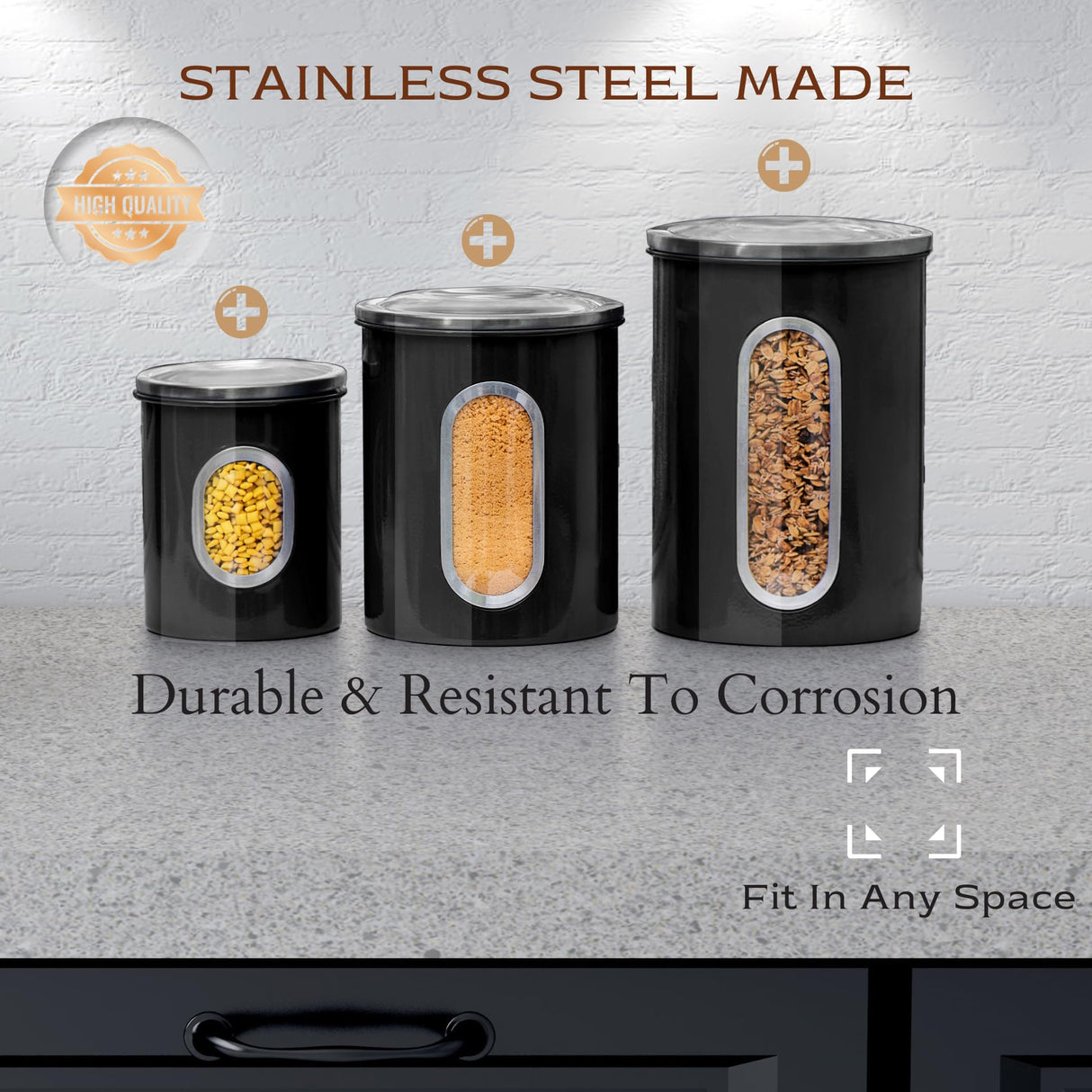 Moss & Stone 3 Piece Black Canisters Sets For The Kitchen, Airtight Canister Set With See Through Window, Airtight Coffee Container, Tea Organizer & Sugar Canisters, Black Kitchen Canisters Set of 3 Moss & Stone
