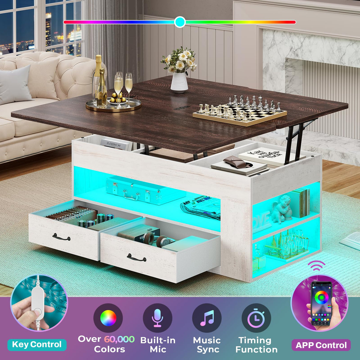 Itaar Lift Top Coffee Table, 4 in 1 Coffee Tables with Storage and Hidden Compartment, Farmhouse Coffee Table with 2 Fabric Drawers & LED Light for Living Room, White Itaar