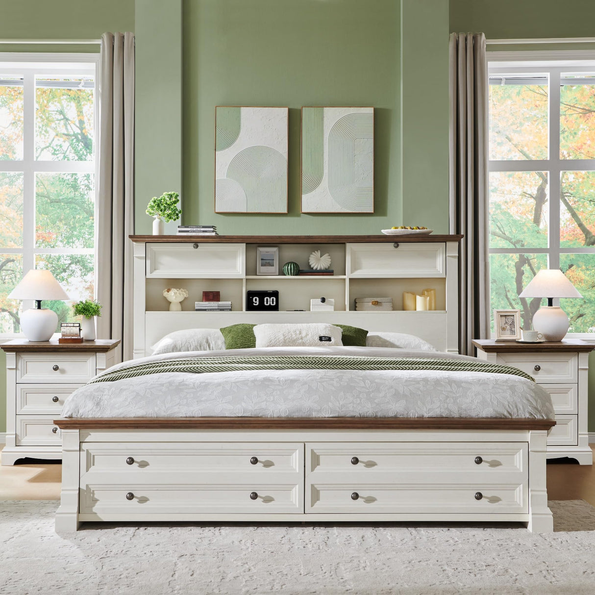 Farmhouse King Size Bed Frame with 54" Tall Storage Bookcase Headboard, Wood Platform Bed Frame with 2 Drawers & 18" Tall Roman Column Decoration Footboard, No Box Spring Needed(Antique White) T4TREAM
