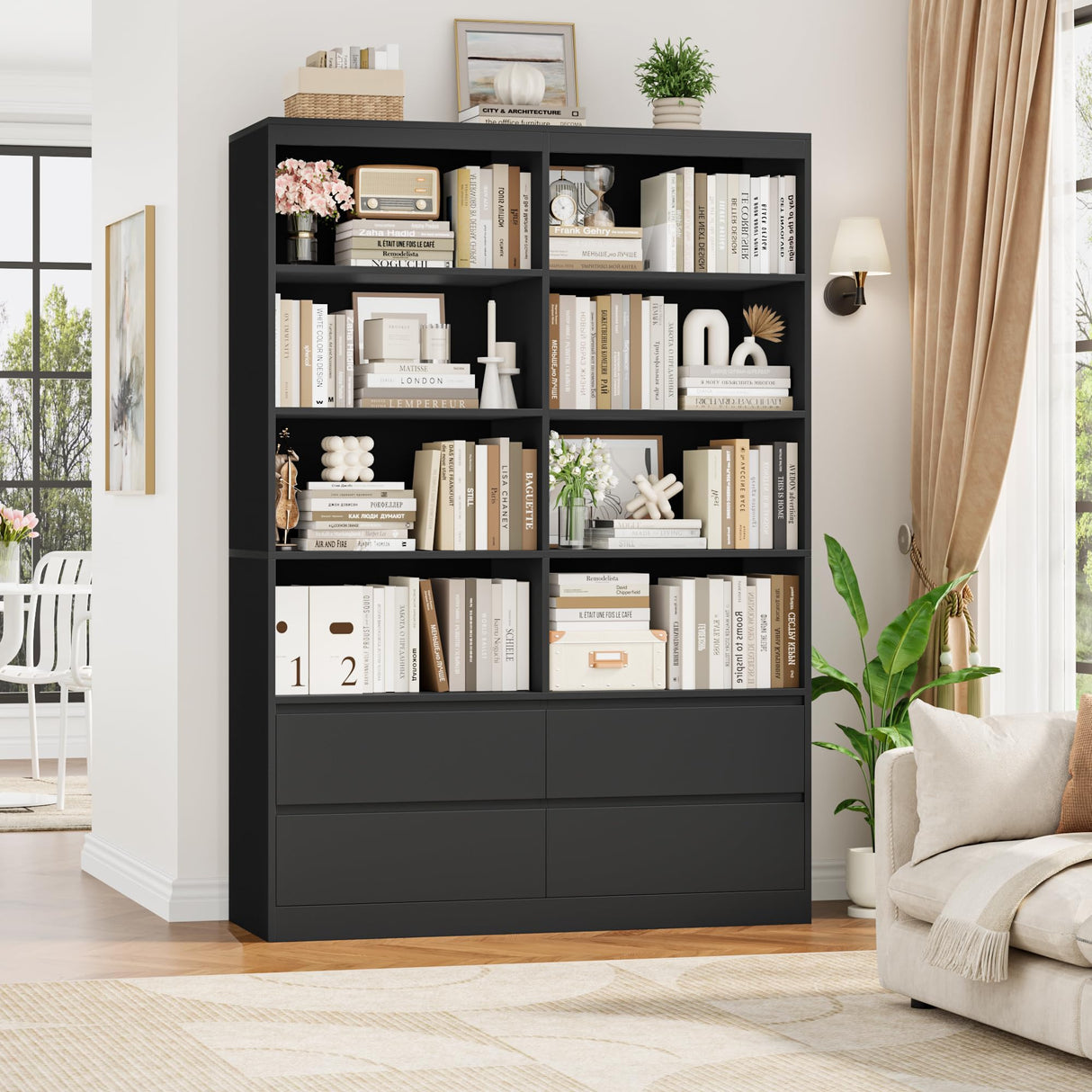 FINETONES 71" Black Bookshelf with Drawers, 47.3" Double Wide Bookshelves and Bookcases with Storage, Tall Bookshelf Large Open Book Shelf Standing Book Case for Home Office, Black FINETONES