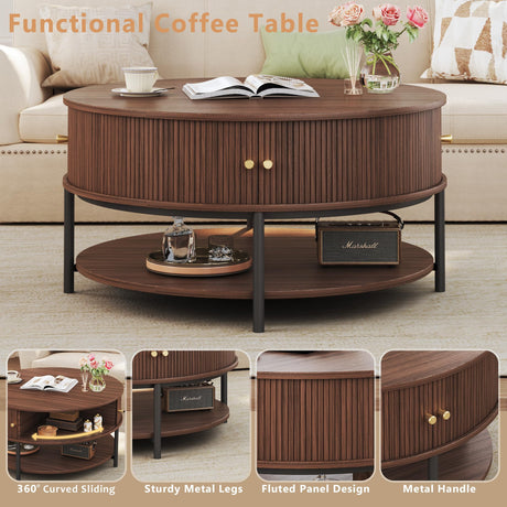HUAHUU 31.5" Round Coffee Table with Storage, Mid Century Modern Coffee Table with Sliding Cabinet Door, Round Metal Legs, 3-Tier Small Round Coffee Tables for Living Room, Walnut HUAHUU