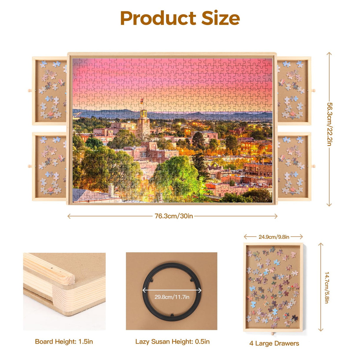 Panana Puzzle Locker 1000 Piece Puzzle Board with Drawers and Cover,30"x22" Portable Wooden Jigsaw Puzzle Table with 4 Drawers,Lazy Susan Spinning Puzzle Boards Birthday Gift (1000 pcs - Rotating) Panana