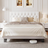 Einhomn Full Upholstered Bed Frame with Headboard, Button Tufted Linen Bed Base, Platform Bed with Wood Slat, Heavy Duty, Easy Assembly, No Box Spring Needed, White Einhomn