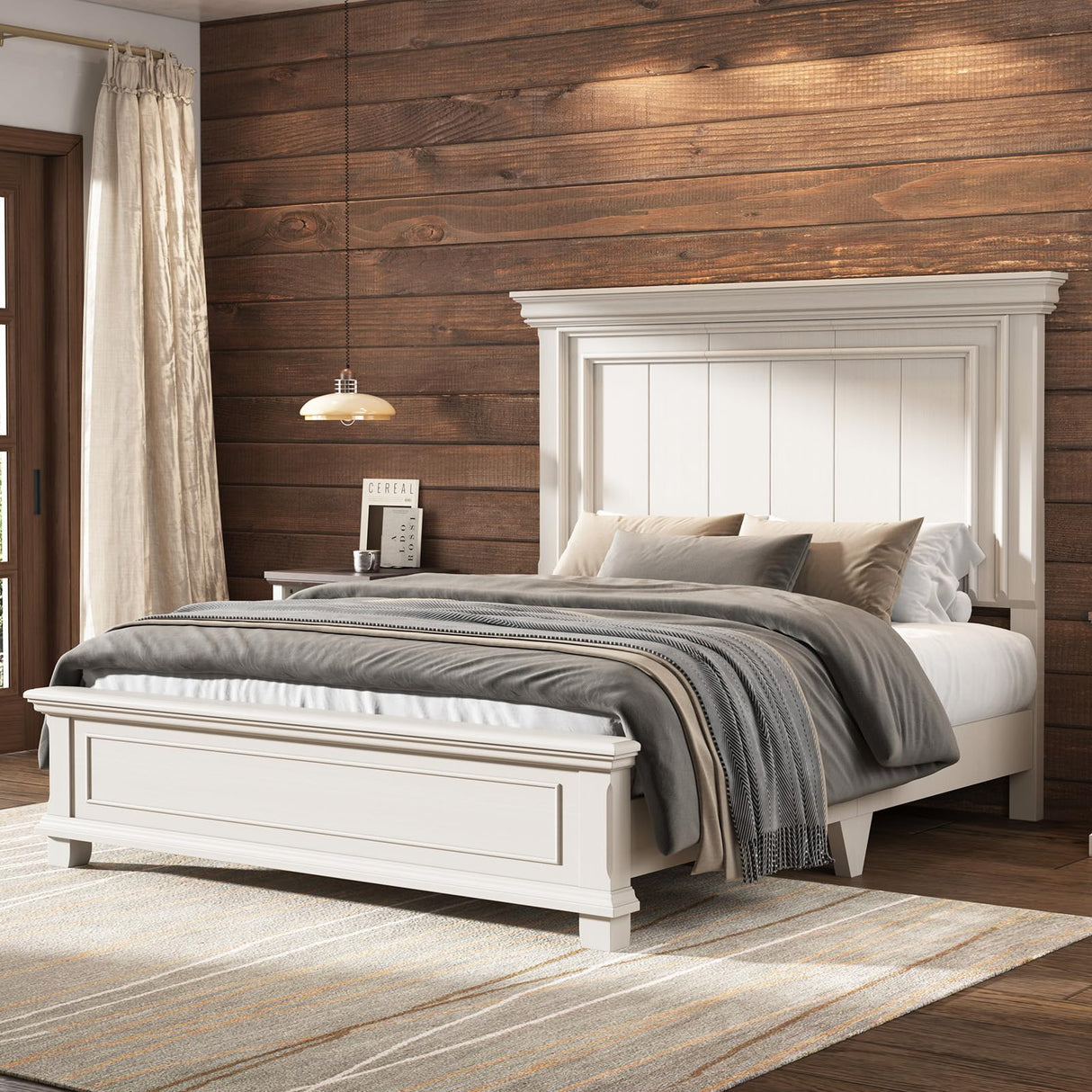 AMERLIFE Queen Size Solid Wood Platform Bed Frame, 62" Tall Farmhouse Headboard, Distressed White Finish, Noise-Reduction Design, Easy Assembly, No Box Spring Needed AMERLIFE