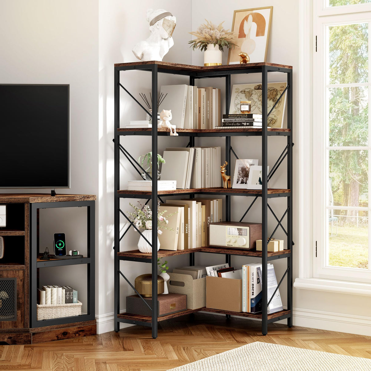 YITAHOME Corner Bookshelf, Industrial Corner Shelf 5 Tier Bookcase, Large Display Rack Storage for Bedroom, Living Room, Home Office,Rustic Brown YITAHOME