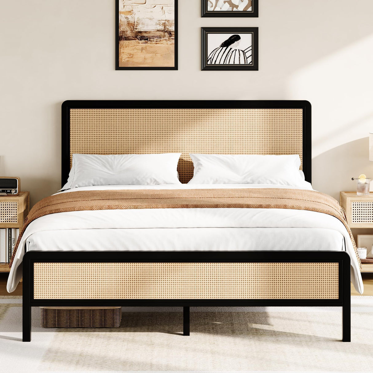 CHABUILDREARK Rattan Bed Frame Queen, Metal Platform Bed with Headboard, Bed Frame Queen Size with Steel Slats Support, No Box Spring Needed, Noise-Free, Easy Assembly, Black CHABUILDREARK