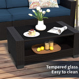 7 Piece Patio Furniture Set, Wicker Outdoor Sectional Sofa with Washable Cushion Covers and Tempered Glass Table, Rattan Conversation Set for Poolside (Black Rattan + Prussian Blue, 7 pcs) SHGJ&SOFT