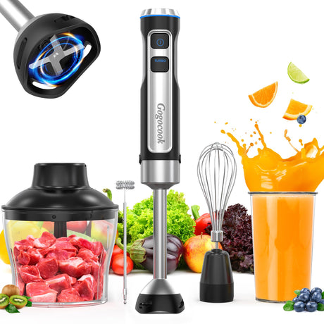 Immersion Blender 5 in 1 Hand Blender, Electric Blender Max 1000W Heavy Duty Motor, 21 Speed & Turbo Mode Handheld Blender, Milk Frother, Egg Whisk, 800ml Beaker, 600ml Chopper Stainless Steel Blades Gogocook
