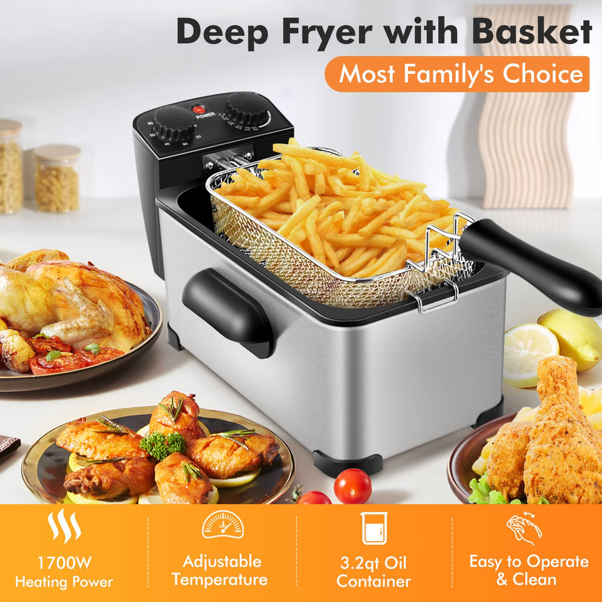 COSTWAY Deep Fryer with Basket, 3.2Qt Stainless Steel Electric Oil Fryer w/Adjustable Temperature, Timer, Lid with View Window, Professional Style, Deep Fryer Pot for Home Use, French Fries, Chicken COSTWAY