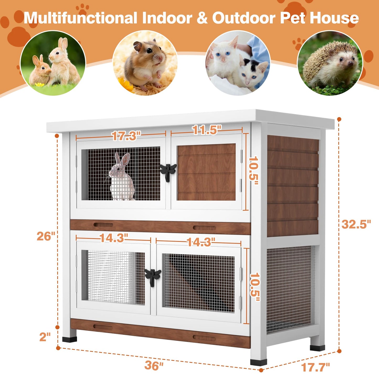 2 Story Rabbit Hutch, Indoor Outdoor Bunny Hutch Solid Wood Rabbit Cage with Removable Trays, Waterproof Asphalt Roofs and Ventilation Door, Small Animal House for Rabbit Guinea Pig Ferret, Walnut