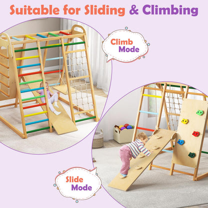 INFANS Indoor Jungle Gym, 8 in 1 Kids Montessori Indoor Playground Climbing Playset for Toddlers with Slide Swing Net Monkey Bars Rope Ladder, Wood Climber Toys for Boys Girls