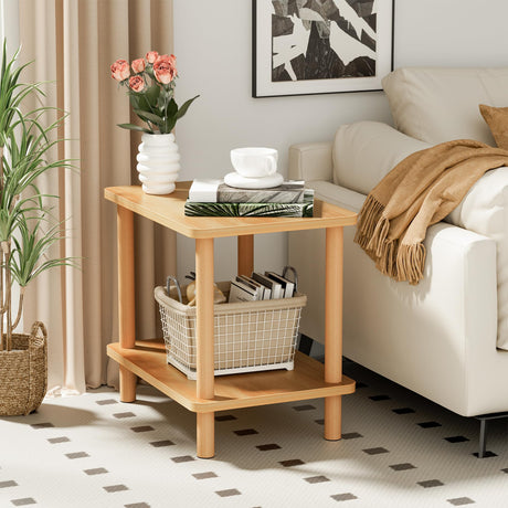 2 Tier End Table Low Table with Solid Wood Legs, Small Coffee Table Side Table, Boho Bedside Table with Storage Shelf, Nightstand for Small Spaces, Bedroom, Living Room, Entryway, Farmhouse, Natural FURMORENE