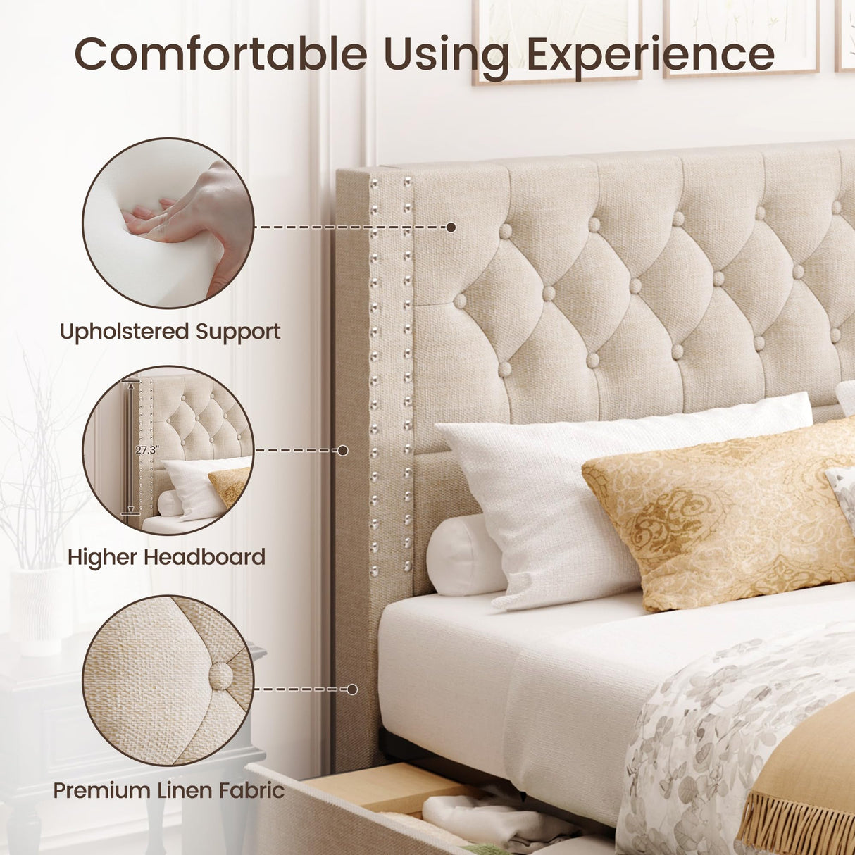 BRELTAM King Size Bed Frame with 4 Storage Drawers and Tufted Headboard Linen Upholstered Platform Bed Frame with Heavy Duty Wood Slats, No Box Spring Needed, Beige BRELTAM