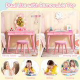 Costzon Kids Vanity, Girls Vanity Set with Mirror and Stool and Lights, Drawer, 2 in 1 Wooden Toddler Makeup Vanity Desk Dressing Table, Pretend Play Kids Vanity Table and Chair Set (Pink) Costzon
