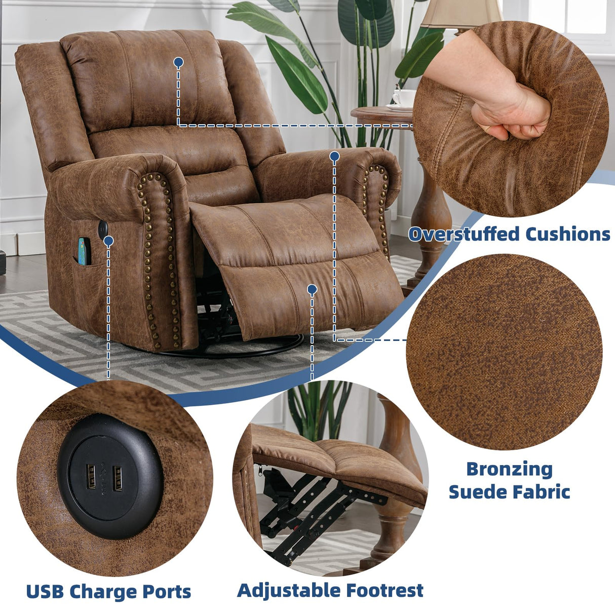 SOCIALCOMFY Swivel Rocker Recliner Chair with Heat and Vibration, 360° Swivel Glider Rocker Manual Reclining Chair, Massage Rocking Recliners with Side Pockets & USB Ports for Living Room, Nut Brown SOCIALCOMFY
