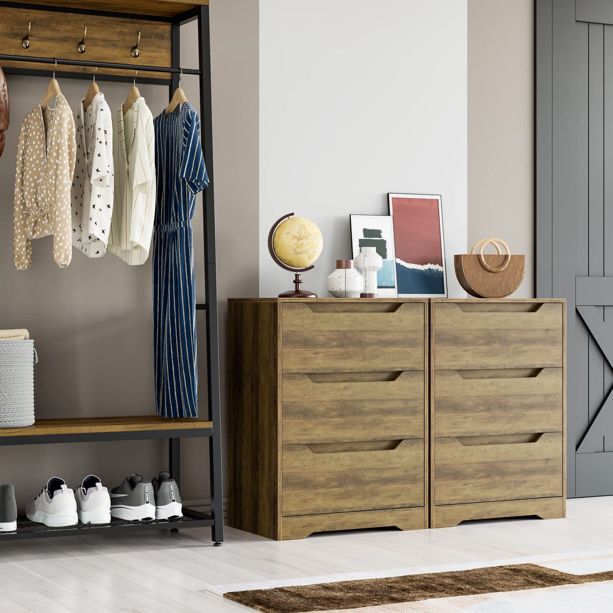 HOSTACK Modern 3 Drawer Dresser, Wood Chest of Drawers with Storage, Tall Nightstand with Cut-Out Handles, Side End Table, Accent Storage Cabinet for Living Room, Entryway, Rustic Brown HOSTACK