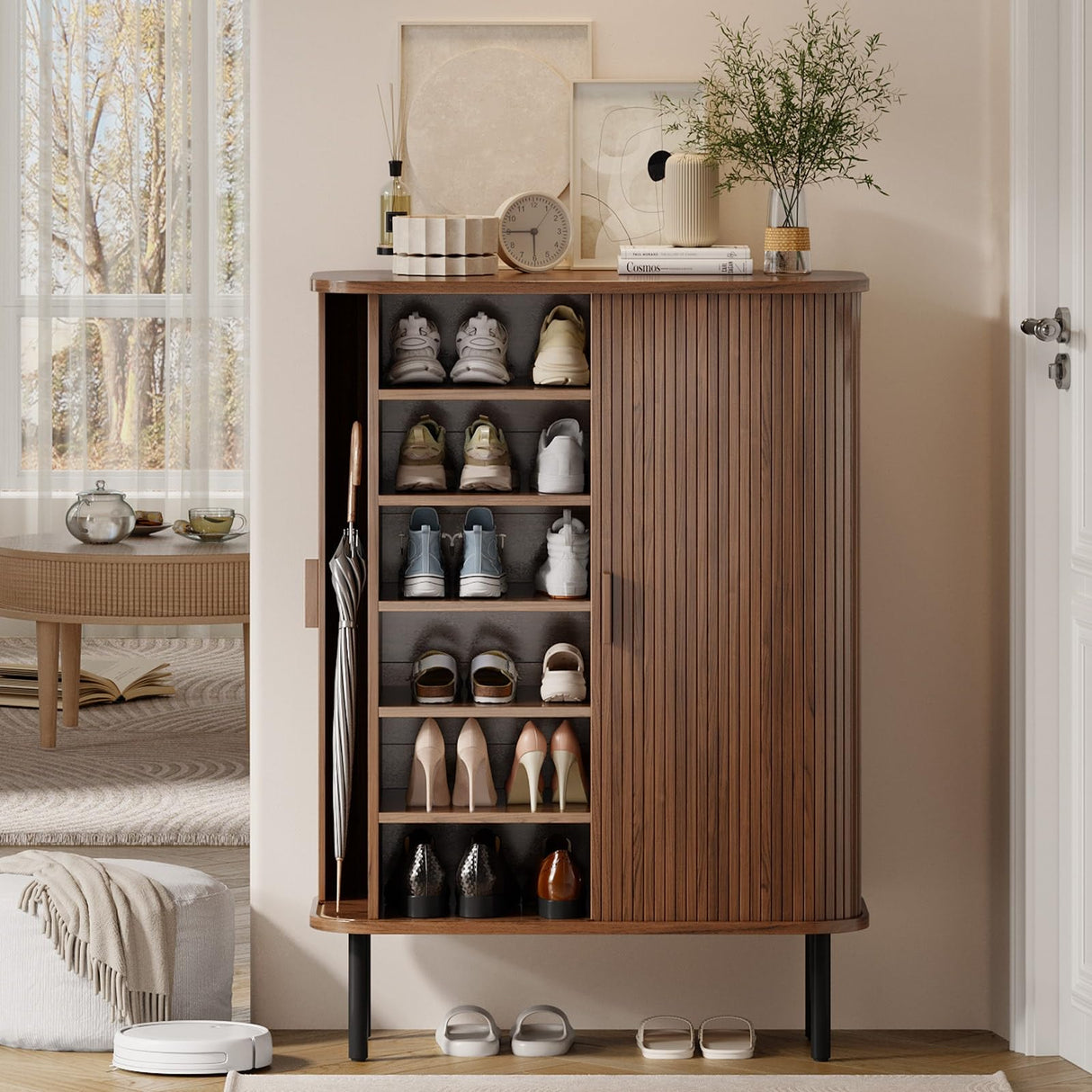 ONBRILL 6-Tier Shoe Cabinet with Sliding Door, Wooden Shoe Storage Cabinet with Adjustable Shelves, Mid-Century Modern Freestanding Shoe Storage Organizer for Entryway, Hallway, Living Room, Walnut ONBRILL