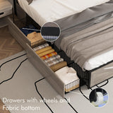 Halitaa Full Size Metal Bed Frame with LED Lights, Charging Station & 4 Storage Drawers in Wash Grey Halitaa