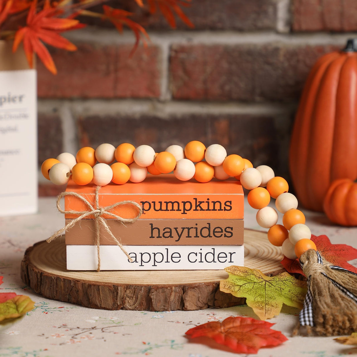 Fall Tiered Tray Décor, Wood Book Stack with Maple Leaves and Fall Bead Garland, Fall Decor for Table, Farmhouse Mini Decorative Books Bundle KORMMCO