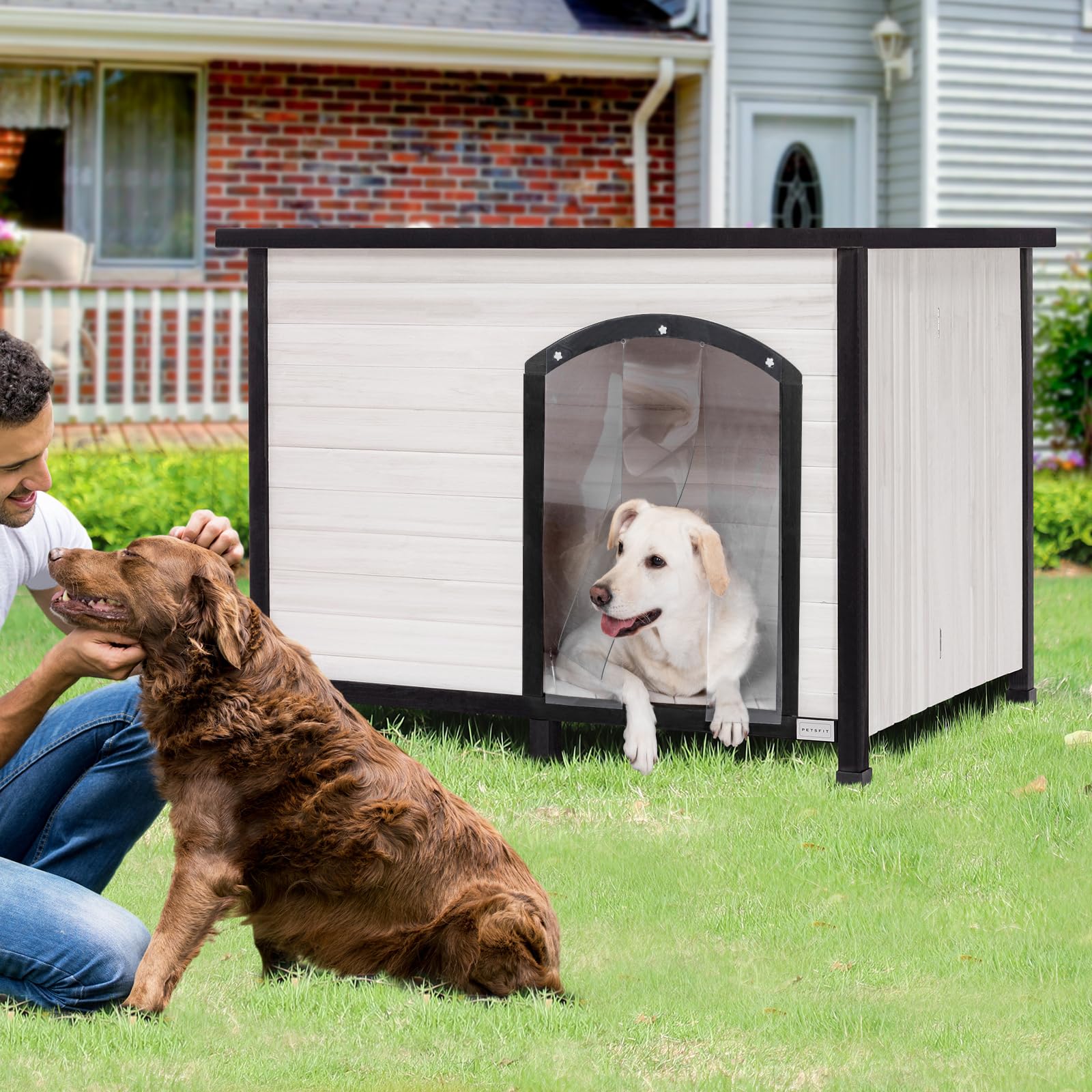 Petsfit 45.3" Large Dog House, Folding Dog House Outdoor, Unfold to Use, No Tools Required Assembly, Weatherproof Outside Dog House with Door Flap (Large, White) - WoodArtSupply