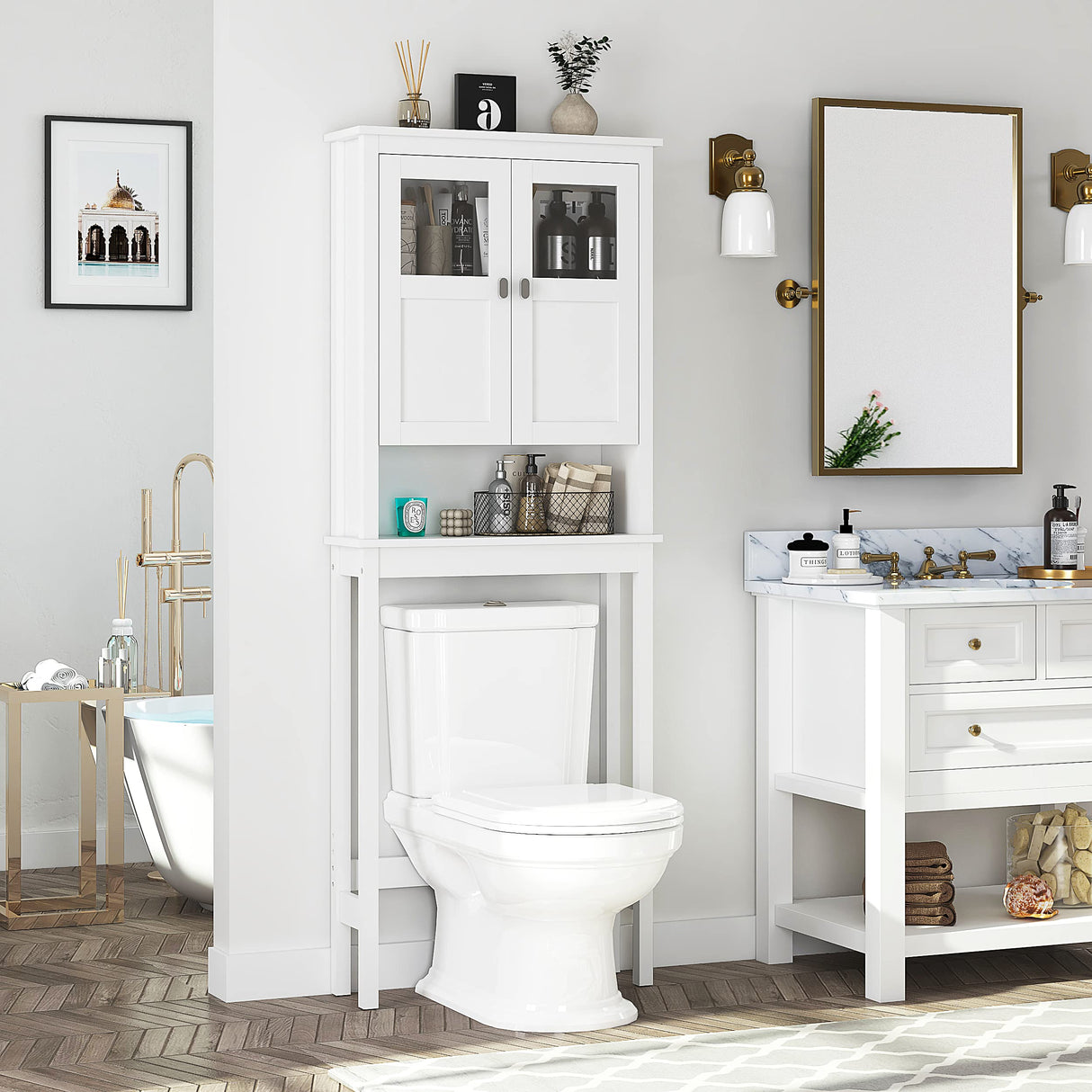 Spirich White Over Toilet Bathroom Storage Cabinet with Glass Doors and Adjustable Shelves Spirich