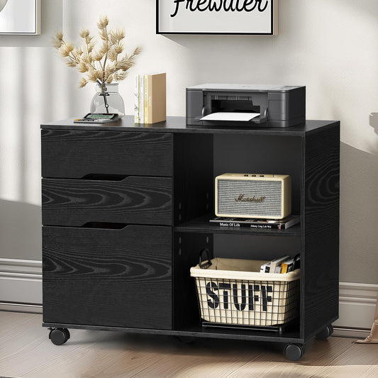 DUMOS Lateral File Cabinet with 3 Drawers, Rolling Wooden Printer Stand Under Desk Storage Organizer with 4 Wheels Adjustable Shelf for Office Home, Black - WoodArtSupply