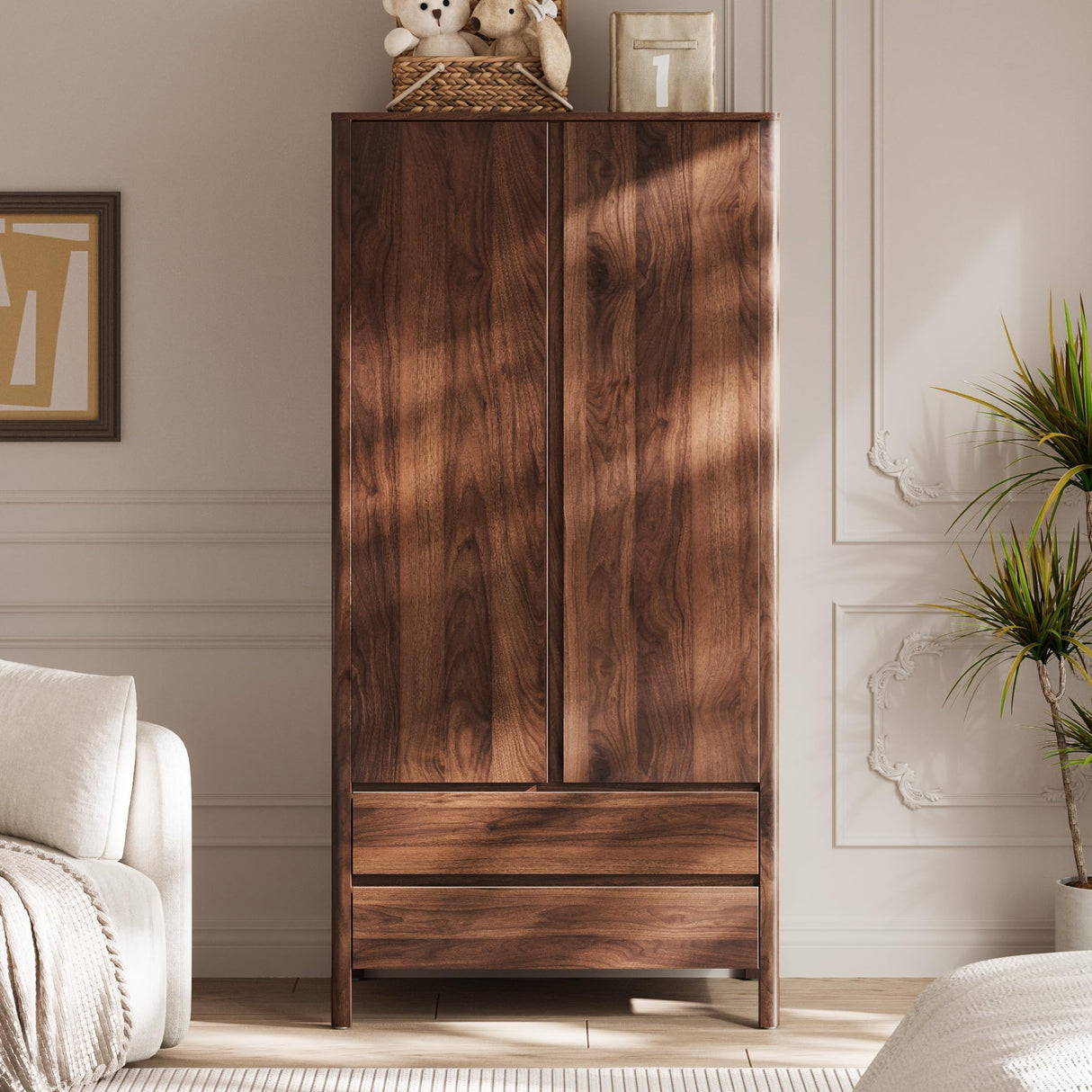 MAISONARIA Wardrobe with 2 Doors and 2 Drawers, 70.9”H Modern Walnut Bedroom Armoire Closet with Hidden Handles, Freestanding Wooden Storage Cabinet for Clothes and Essentials MAISONARIA