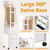 IRONCK Jewelry Cabinet with 3 Drawers, Lockable Standing Jewelry Armoire Organizer with Garment Rack, Full Length Mirror with Jewelry Storage and 4 Wheels for Bedroom, Cloakroom, White IRONCK