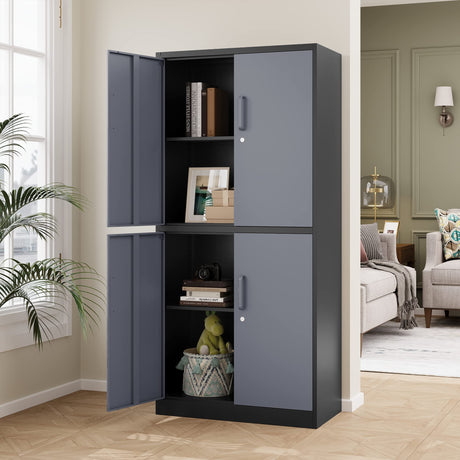 STANI Metal Storage Cabinet, Locking Steel Storage Cabinet with 4 Doors and 2 Adjustable Shelves, 71" Steel Lockable File Cabinet, Tall Steel Cabinet for Home Office,Garage,School STANI