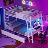 HAUOMS Bunk Bed with Desk, Twin Over Twin Metal Bunk Beds with Power Outlets, RGB LED Lights, 2 Larger Storage Drawers, Bed with Safety Guardrail & Ladders, No Box Spring Needed (White) HAUOMS