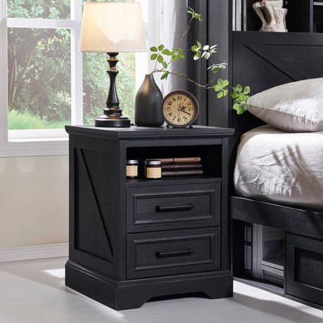 ACCOHOHO 18" Farmhouse Nightstand with Charging Station,End Table with 2 Drawers Storage,Side Table,Bedside Cabinet for Bedroom,Living Room,Black ACCOHOHO