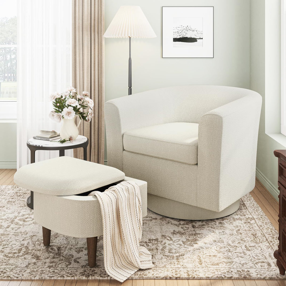 COLAMY Upholstered Swivel Barrel Accent Chair with Ottoman, Modern Single Sofa Lounge Armchair Club Chair with Storage Space for Living Room Bedroom Office, Beige,2pc COLAMY