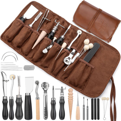 Leather Working Tools, Leather Craft Tools with Edge Beveler, Skiver, Stitching Tools Sewing Needles, Groover Skiving for Leather Repair for Craft Beginner Adults